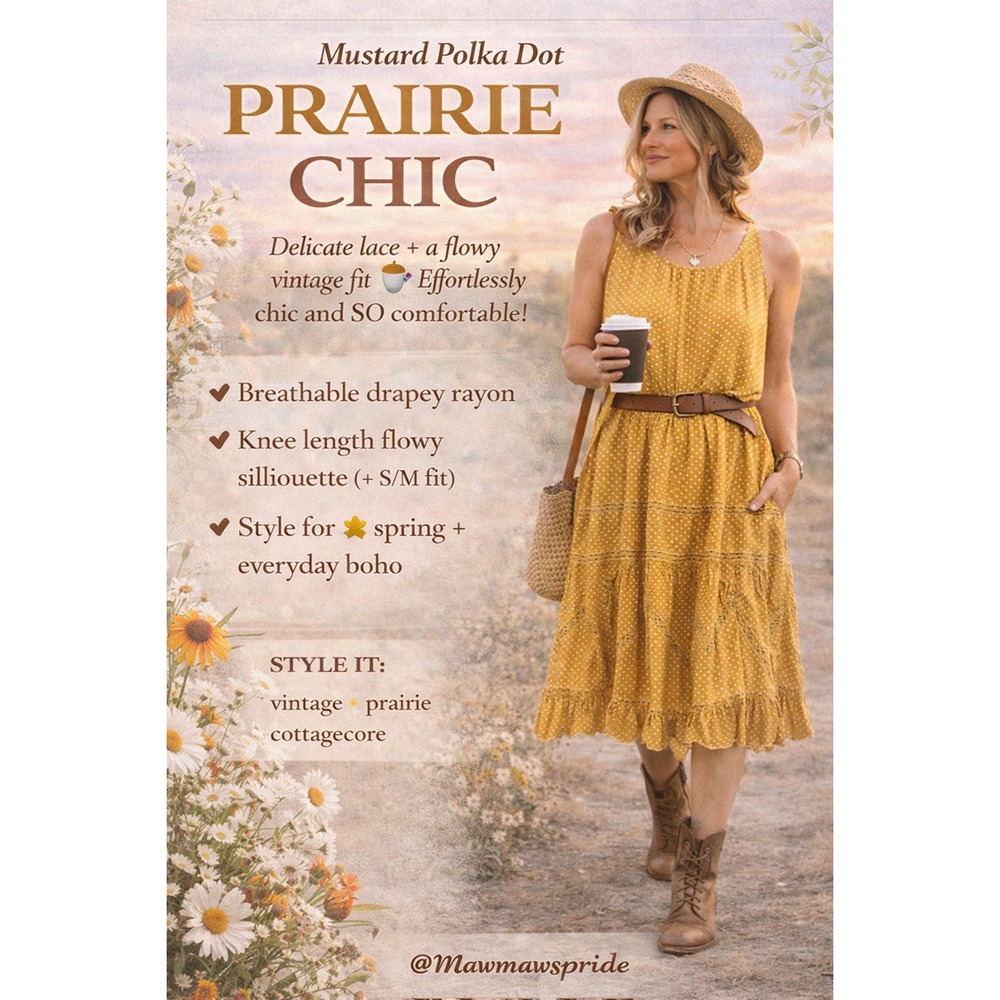 Vintage Style Mustard Polka Dot Dress Boho Prairie Lace Flowy Knee Length S M